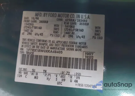 1999 Ford F-150 Lariat/Work Series/Xl/Xlt z USA, uszkodzony, nr VIN 1FTRX18W0XKA48405